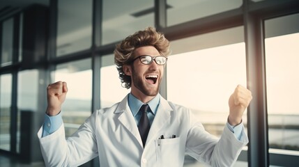 Fototapeta premium Victorious white male doctor in lab coat holding brain at clinic with triumphant grin and raised hands.
