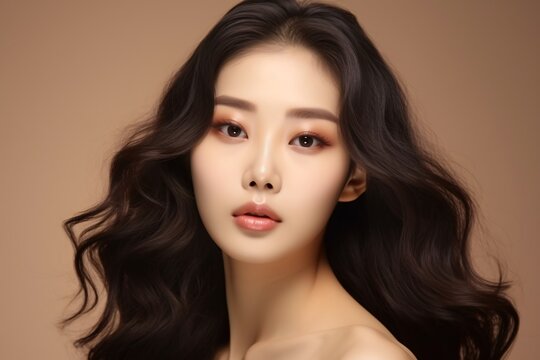 A youthful Asian woman with wavy hair and a Korean-inspired makeup look touching her flawless complexion on a neutral background.
