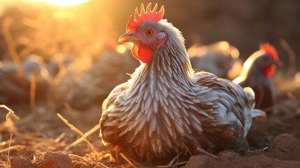A close-up shot of a mother hen gently settling on her nest of eggs, the warm sunlight filtering through the feathers as she carefully tends to her soon-to-be chicks.