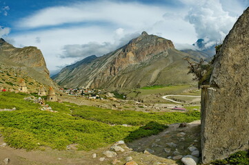 Obraz premium Russia. North Caucasus, Kabardino-Balkaria. A picturesque panorama of stone crypts in the City of the Dead of the XI century near the village of Eltyub in the Chegem gorge.