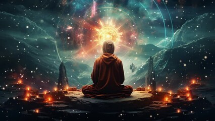 Person meditating in yoga pose with magic animated background - Powered by Adobe