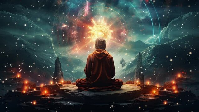 Person meditating in yoga pose with magic animated background