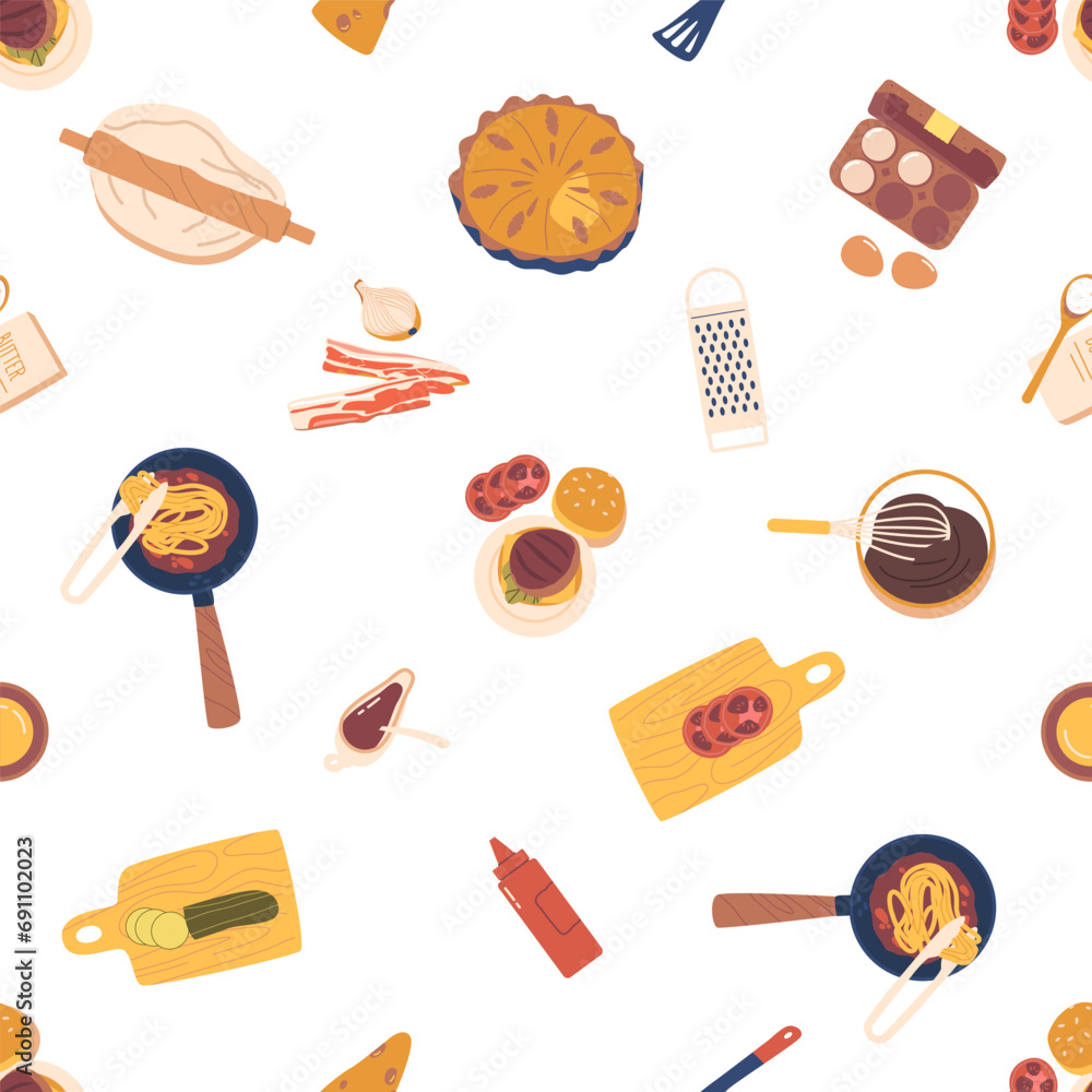 Aufkleber delightful seamless pattern featuring a top view of assorted foods, creating delicious and visually 