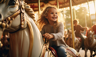 Obraz na płótnie Canvas Happy smiling kid is enjoying ride a horse on carousel.