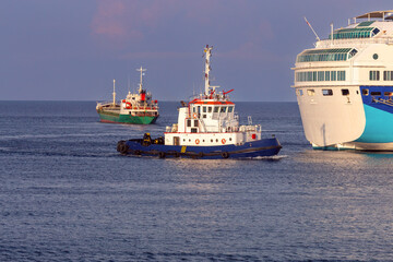 Port sea tug in Mandrak harbor of Rhodes island.