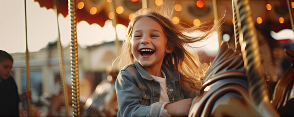 Happy smiling kid is enjoying ride a horse on carousel. - obrazy, fototapety, plakaty