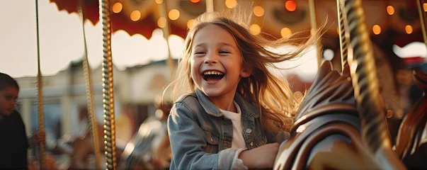 Selbstklebende Fototapeten Happy smiling kid is enjoying ride a horse on carousel. © Daniela
