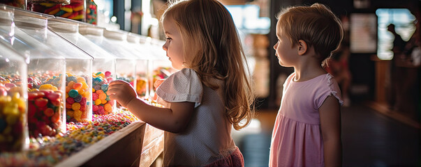 Children choose sweets in the candy shop. - obrazy, fototapety, plakaty