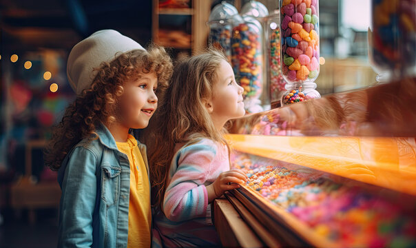 Children choose sweets in the candy shop.
