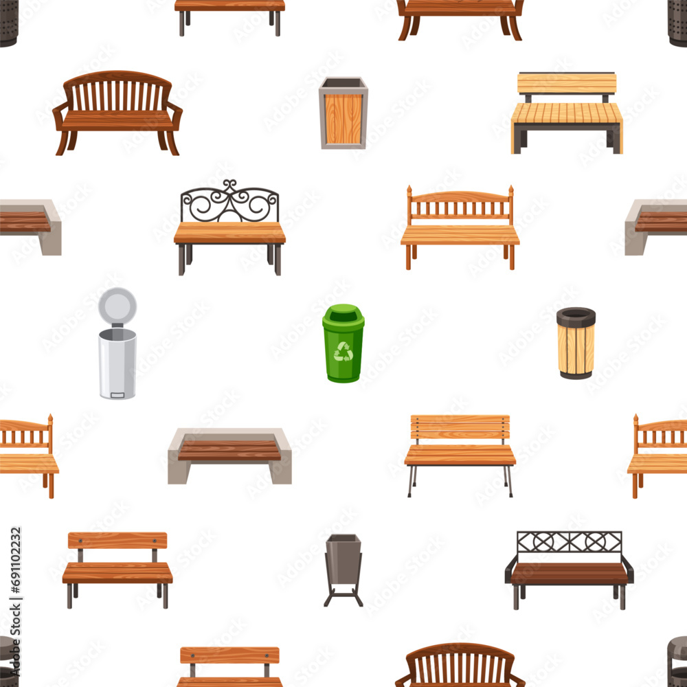 Poster seamless pattern featuring street benches and garbage bins intertwined in a symmetrical and repetiti