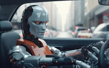 Fototapeta na wymiar Robot stuck in a traffic jam - autonomous transport and self-driving cars concept. AI generated.