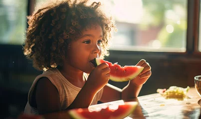 Fotobehang Happy child is enjoying eating fresh watermelon during hot summer day © Daniela
