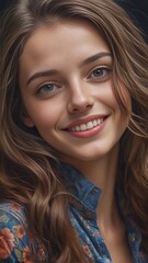 Close-up portrait of a beautiful young french model woman smiling with white teeth

