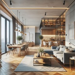 Two-floor apartment with stylish living room with grey sofa and wooden coffee table open to dining area with table for four