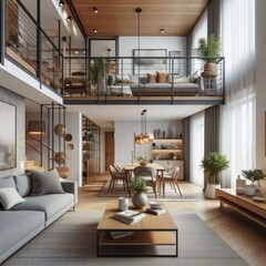 Two-floor apartment with stylish living room with grey sofa and wooden coffee table open to dining area with table for four