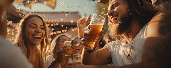 Happy young people drinking beer and having fun on amazing festival - obrazy, fototapety, plakaty