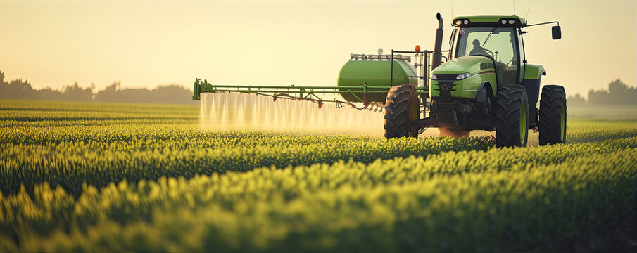 Fototapeta The tractor sprays the crops in the amzing field