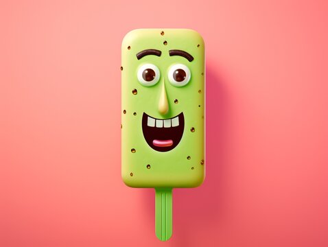 an funny green ice pop character is shown over a pink background, light green and dark brown