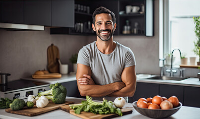 Healthy looking man in the kitchen is preparing healthy food from fresh vegetables. Healthy...
