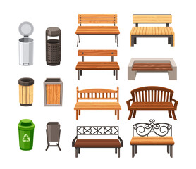 Set of Park Benches Provide Resting Spots, Inviting Tranquility. Garbage Baskets Await Waste, Maintaining Cleanliness