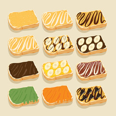 Illustrations of toast, various pages. Set of toast images.
