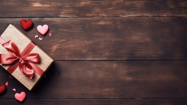 Valentine day flat lay concept with toy heart and gift box on wooden table