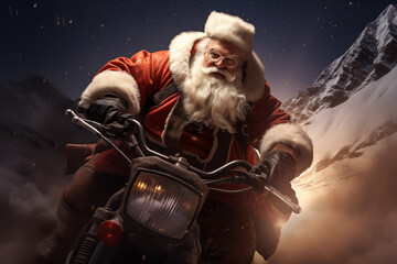 Portrait of modern Santa Claus cool guy riding motorbike. Generative AI