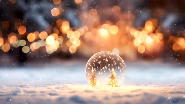 A glass bauble lies on the snow. Falling snow and moving lights in the background. Loop animation. 18 sekund. 2k. Ai generative
