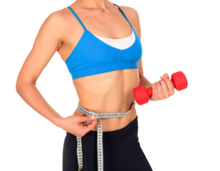 Closeup shot of slim young woman holding red dumbbell and measuring her thin waist with a tape measure, isolated