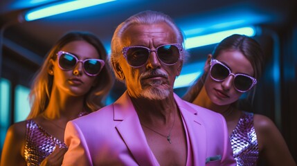 An elderly man wearing sunglasses and colorful clothes  with two beautiful blonde girls, surrounded by neon colorful lights.