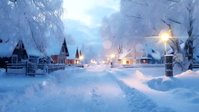 Animation of snow and lamp lights in a quiet winter village. 18 seconds, loop video, 2k. Ai generative