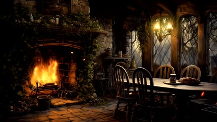 Animation of a flame in a stone fireplace. Old wooden restaurant in medieval style. 18 seconds, loop video, 2k. Ai generaive