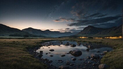 Fototapeta premium Calm Night Reflections in a Mountain Valley. Generative AI