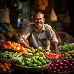 Fototapeta premium Indian vegetable seller sitting at shop and smiling