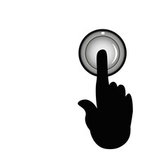 Vector graphics. On a white background, a man's hand presses a button with his finger.