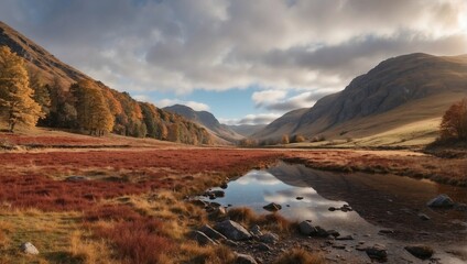 Majestic Mountain Landscape at Sunrise with Reflections on a Calm Wetland. Generativa AI