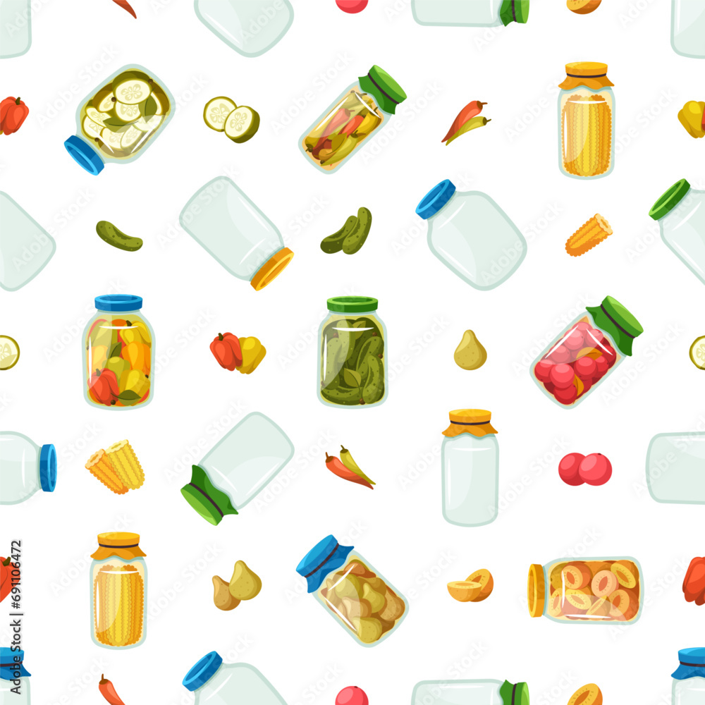 Aufkleber seamless pattern featuring an array of vibrant canned goods in glass jars, creating delightful and o
