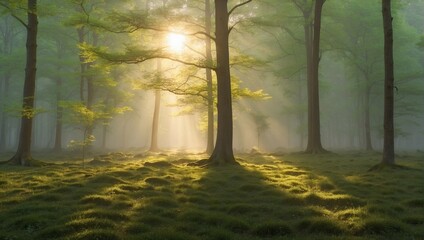 Backlit trees in the forest, fog at dawn. Generative AI