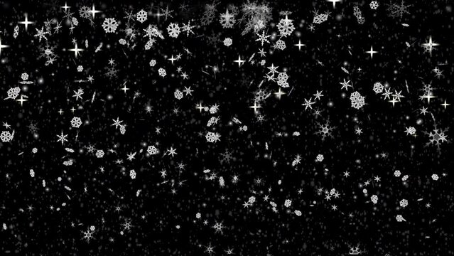 4K Christmas Particles, alpha with snow, stars, snowflakes. Holiday fairy, fantasy, ethereal, shining, magic award. For composing, motion graphics, party-social, celebration, birthday Happy New Year.