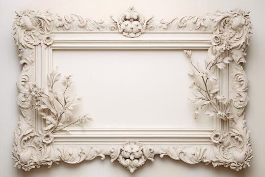 antique empty white frame on the wall with flowers decoration