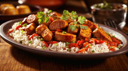 Currywurst, the iconic German sausage, is served on a platter with a tomato curry sauce and rice. Each sausage is cut and coated in a curry-spiced sauce for a delicious aroma.