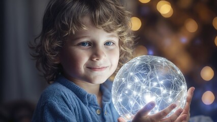Fototapeta premium A little boy in a warm pajamas plays with a christmas ball against the backdrop of Christmas lights. Magical home New Year with children. 