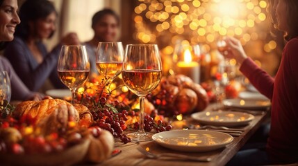 Closeup of group of people toasting with wine glasses at festive dinner table celebrating...