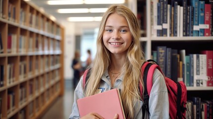 Smiling cute pretty blond girl, positive female teenage high school student holding backpack and books, looking at camera standing in modern university or college campus library. - Powered by Adobe