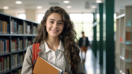 Smiling cute pretty girl, positive female teenage high school student holding backpack and books, looking at camera standing in modern university or college campus library.