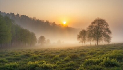 Obraz na płótnie Canvas Foggy forest at dawn, twilight soft golden light. Generative AI.