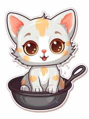 Cartoon sticker cute kitten in a kitchen pan, AI