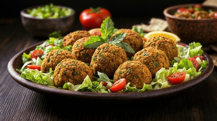 Arranged on a rustic platter are golden brown falafels, each perfectly crispy on the outside and tender within. slices of fresh tomatoes, a flavorful and satisfying Middle Eastern culinary experience.