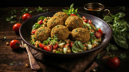 Arranged on a rustic platter are golden brown falafels, each perfectly crispy on the outside and tender within. slices of fresh tomatoes, a flavorful and satisfying Middle Eastern culinary experience.