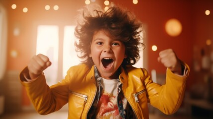 Happy little boy raises his arms in victory, at home